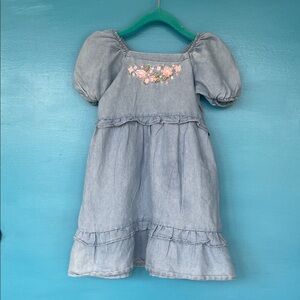 Nanette Lepore Light Blue Denim Cottagecore Dress with Pink Floral Embroidery 4T